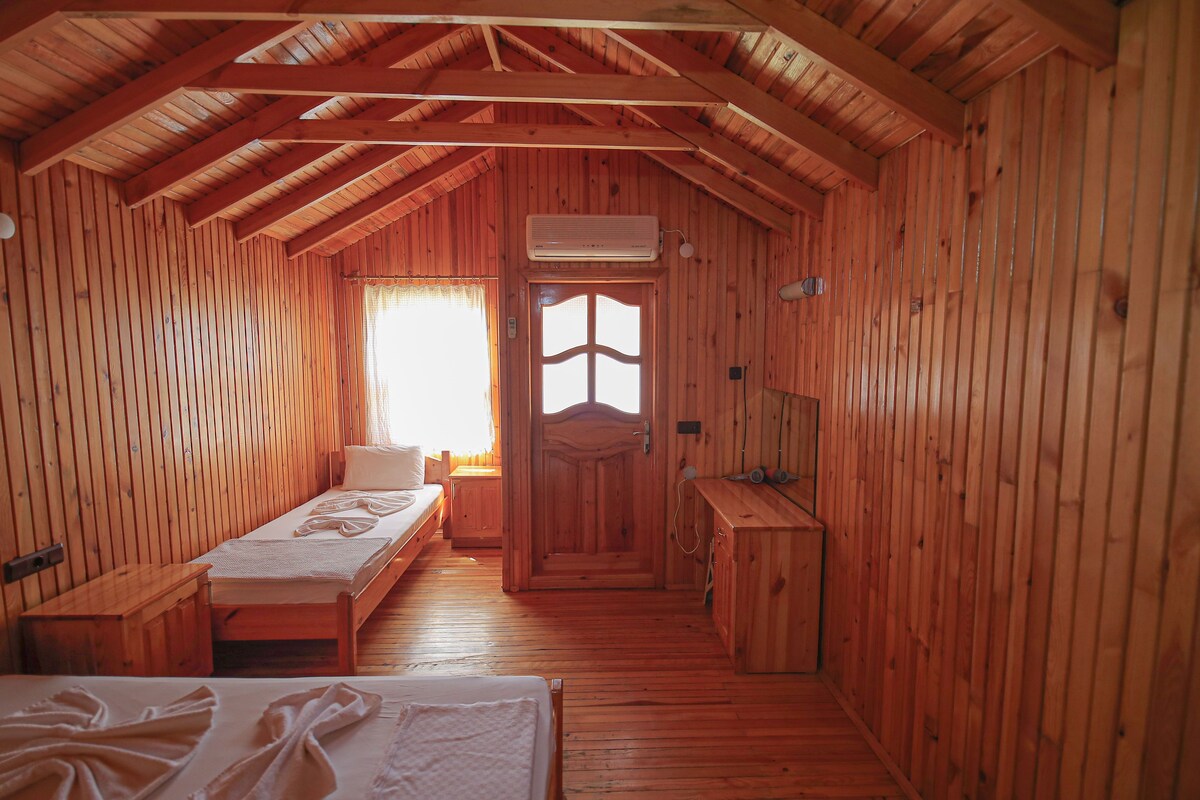 A wooden cabin with a loft bedroom, a small sitting area, and a kitchenette.