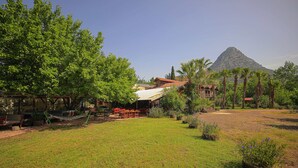 A grassy area with a hammock, a small building with a red roof, and a mountain in the background. - YAVUZ MOTEL ADRASAN (Kumluca)
