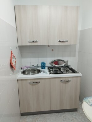 Kühlschrank, Herdplatte, Wasserkocher mit Kaffee-/Teezubehör