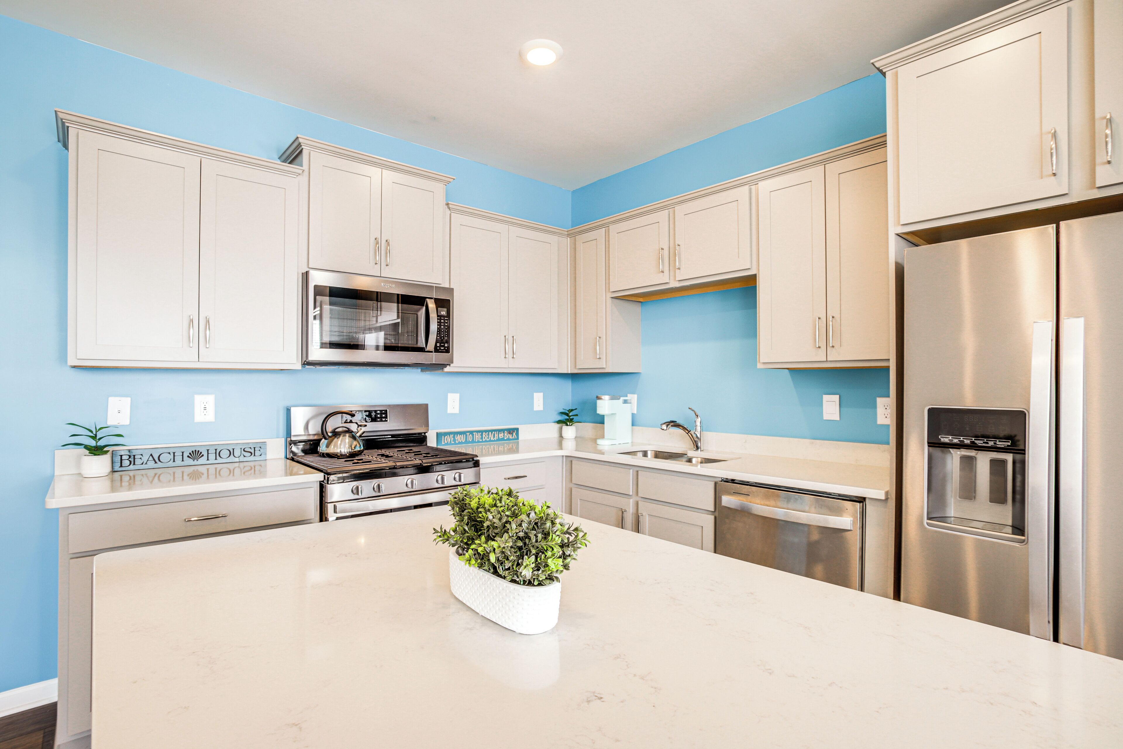 A modern kitchen with white cabinets, stainless steel appliances, and a central island with a plant.