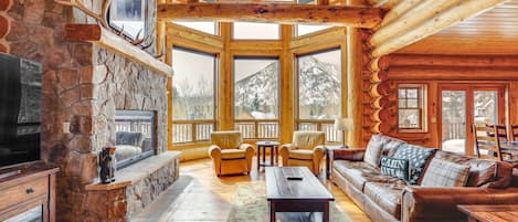 Televisión, chimenea, libros