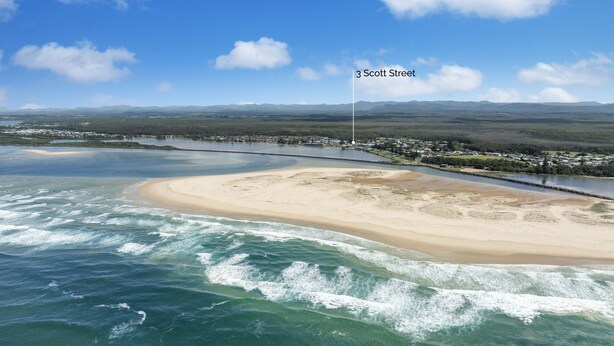 An aerial view of a coastal area with a beach, a river, and a town in the background. A label points to '3 Scott Street'. - The ultimate property that you need to relax and unwind in Harrintgon (Harrington)