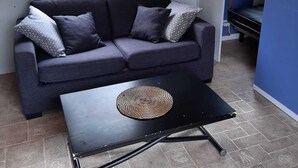 Un salón con un sofá gris oscuro, una mesa de centro negra con un posavasos tejido y una ventana con cortinas.
