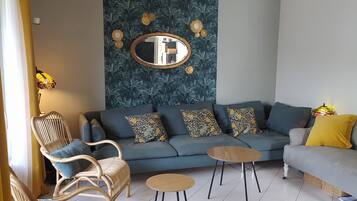 Télévision, cheminée, livres