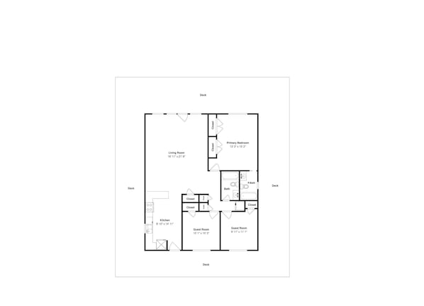 Un plan d’étage d’une propriété comprenant un salon, une cuisine, deux chambres d’hôtes, une salle de bain et une chambre principale.