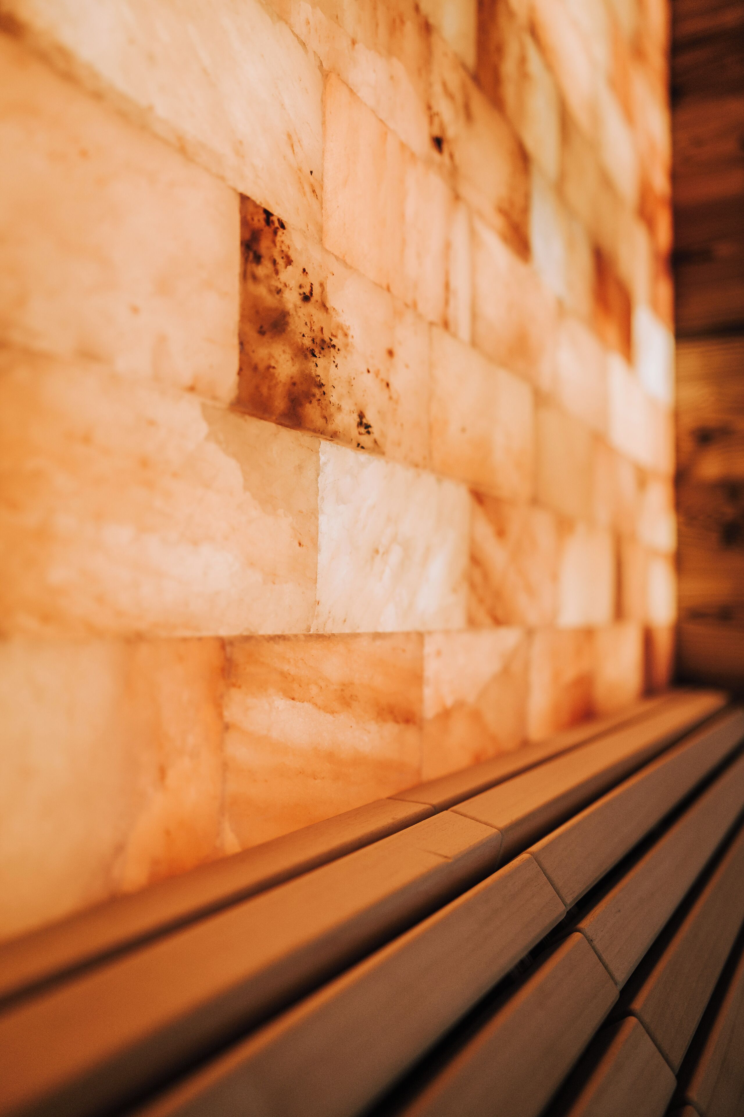 Una panchina di legno con un muro di pietra sullo sfondo.