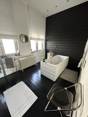 Chuveiro, secador de cabelo, toalhas de banho, papel higiênico