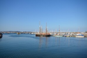 A marina with multiple boats docked, a clear blue sky, and a calm water surface.