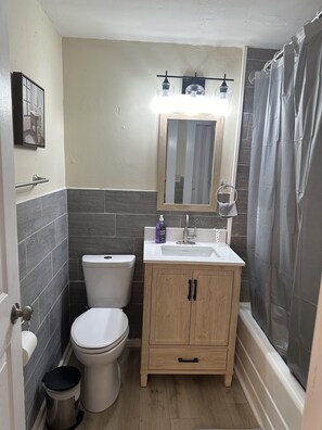 Hair dryer, towels, soap, toilet paper