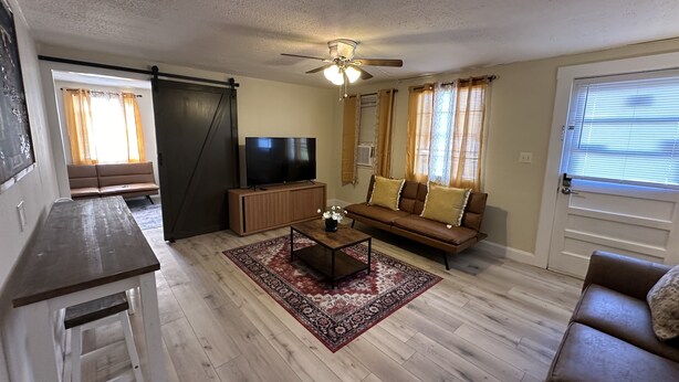 Ein Wohnzimmer mit Sofa, Couchtisch, Fernseher und Deckenventilator.