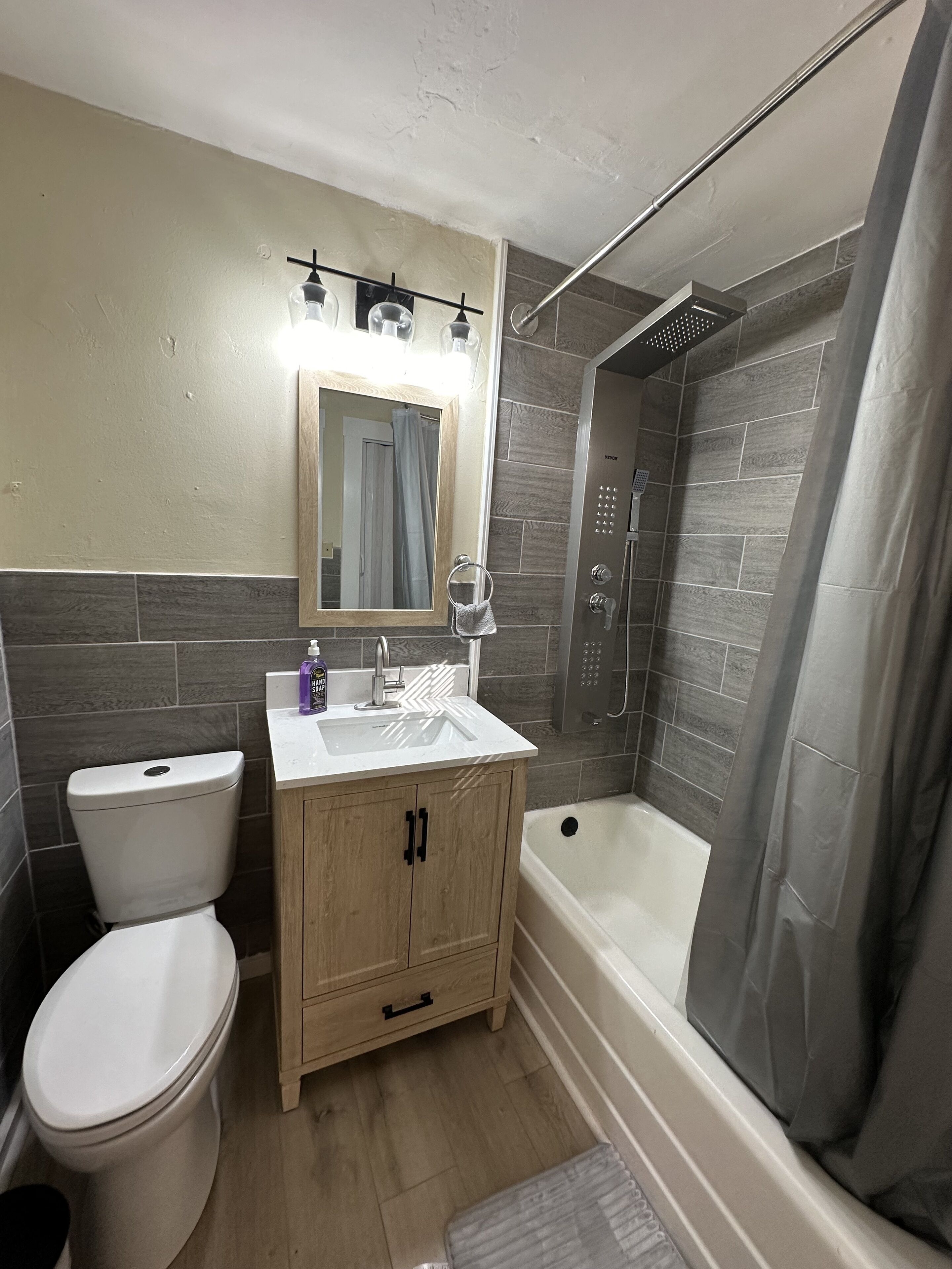 Hair dryer, towels, soap, toilet paper
