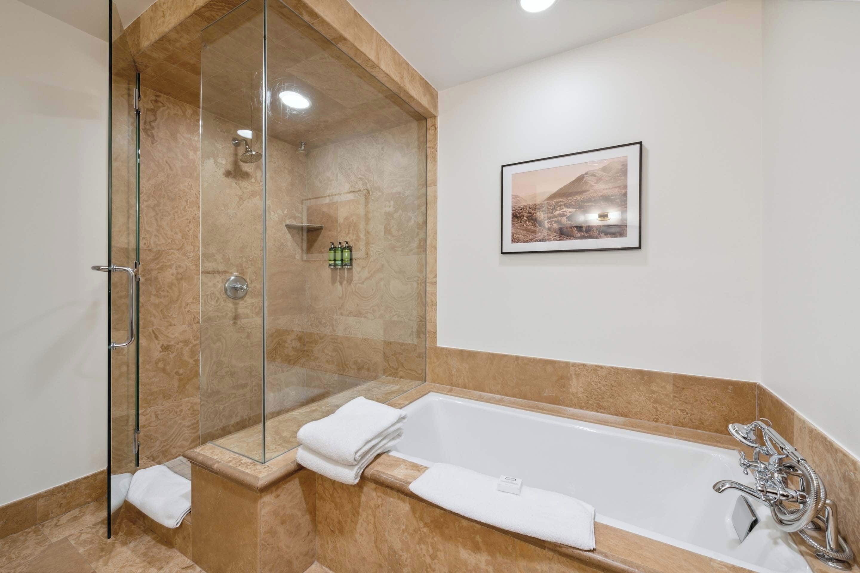 Un baño moderno con ducha acristalada, una bañera grande y un cuadro en la pared.