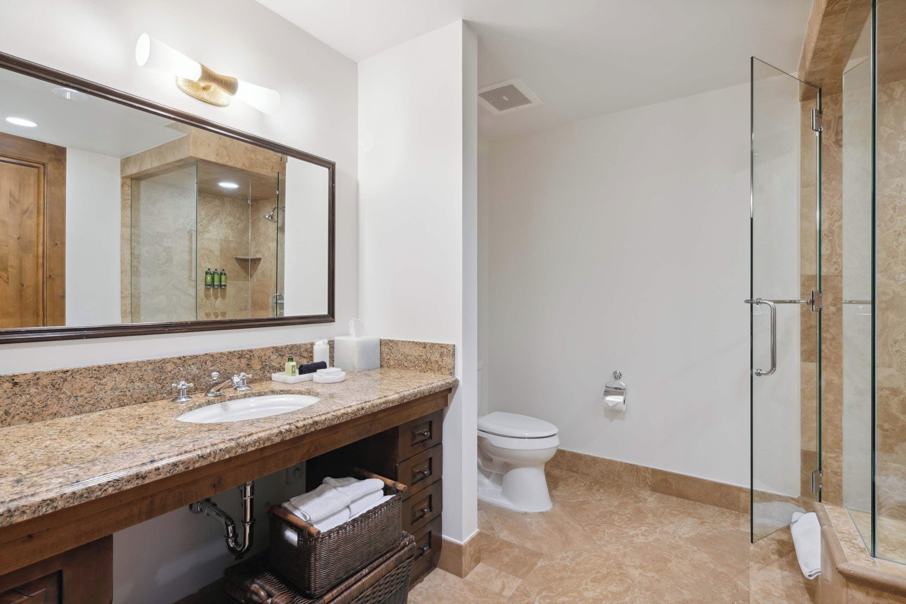 Une salle de bain moderne avec un comptoir en granit, un grand miroir, une douche en verre et des toilettes.
