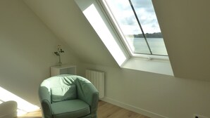 A room with a skylight, a radiator, and a chair.