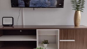 A modern living room with a flat-screen TV mounted on the wall, a small speaker, a wooden entertainment unit, and a white round table with a potted plant.