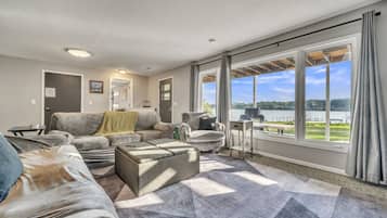 TV connectée, cheminée, livres