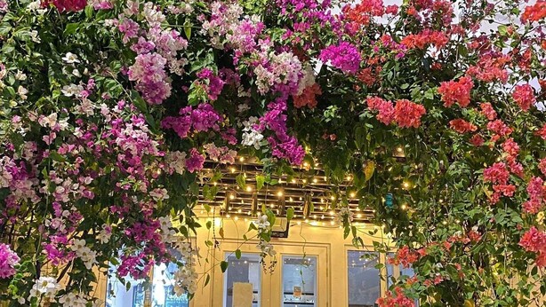 Una acogedora cafetería con fachada de madera y puerta de cristal, rodeada de coloridas flores de buganvilla.