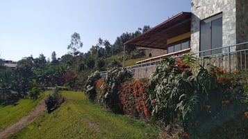 Une maison moderne avec une façade en pierre, un patio couvert et un jardin luxuriant agrémenté de fleurs rouges.