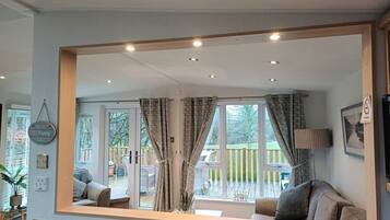 TV connectée, cheminée, lecteur de DVD, livres