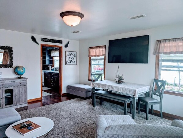 Smart TV, fireplace, books