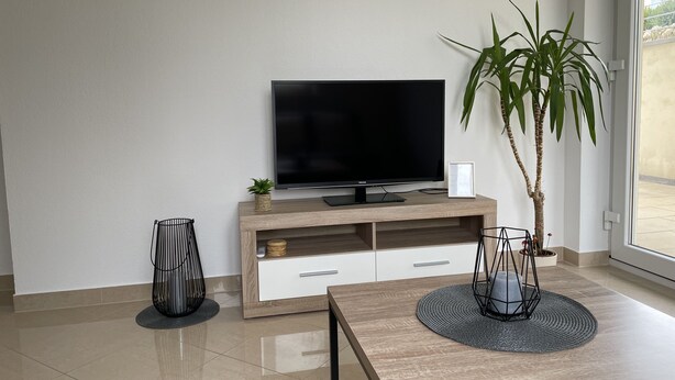A modern living room with a flat-screen TV on a wooden TV stand, a potted plant, and a dining table with a placemat. - Traumhafter Lieblingsplatz in Pfullendorf am Nördlichen Bodensee (Pfullendorf)