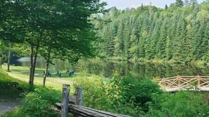 A serene lakeside scene with a wooden bridge, dense forest, and a clear view of the water. - Le Rustique avec lac privé (Château-Richer)