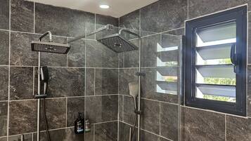 Shower, hair dryer, towels, soap