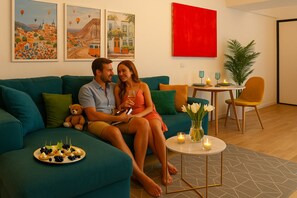 Premium Apartment | Living area | 55-cm Smart TV with cable channels, Netflix, streaming services - Alesia (Bucharest)