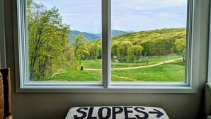 Ett fönster med utsikt över ett grönskande landskap, en stig och en skylt med texten ”SLOPES”.