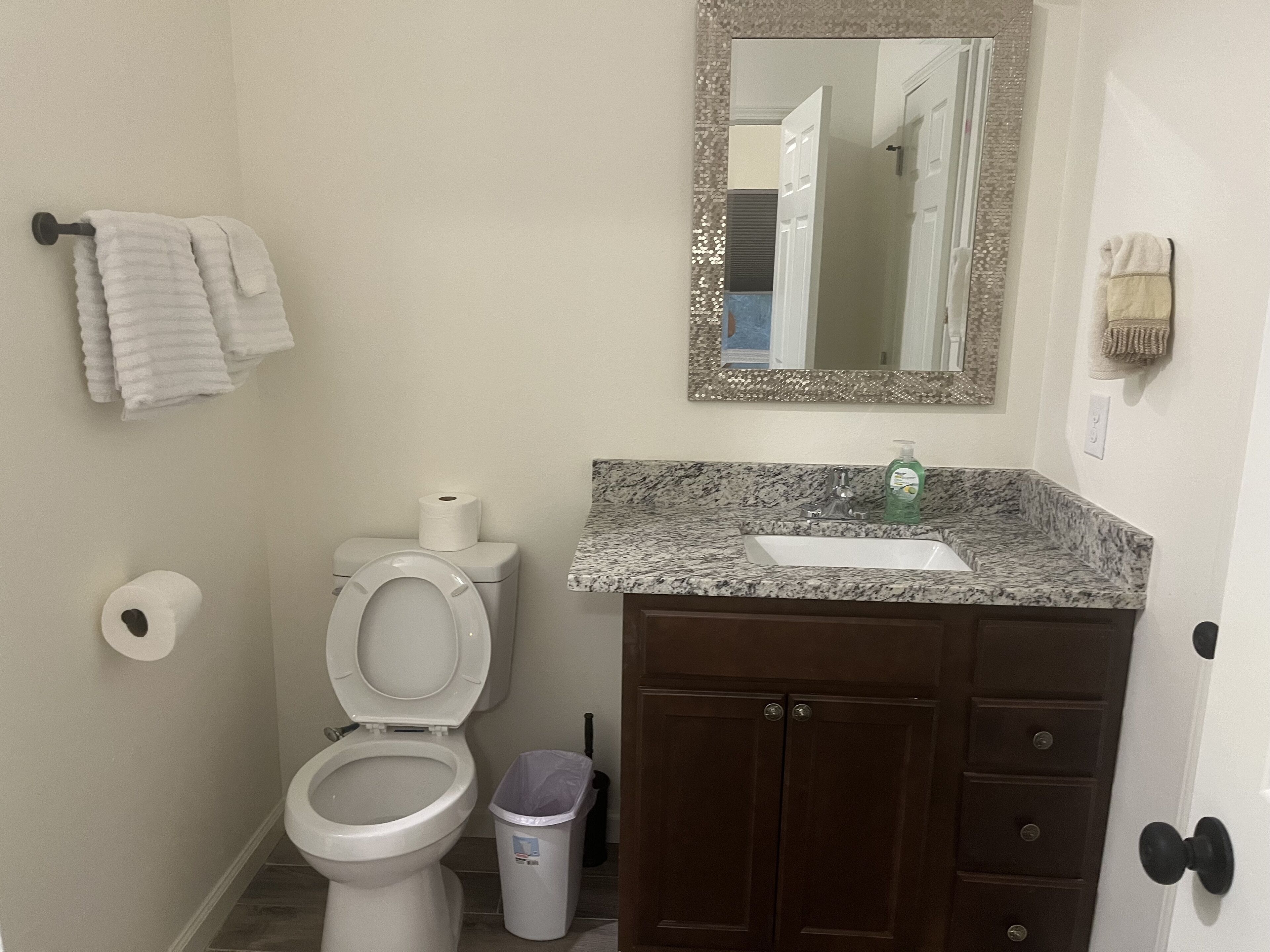 Un baño con inodoro, lavabo y espejo.