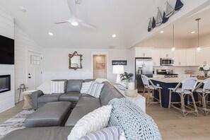 Smart TV, fireplace, books
