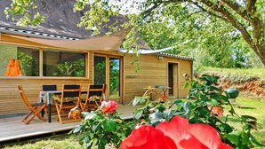 A wooden deck with a table and chairs, a grill, and a garden with roses. - La Metairie De La Garenne (Nadaillac De Rouge)