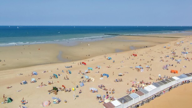 Une vaste plage parsemée de nombreux transats et parasols, un ciel dégagé et une mer calme.