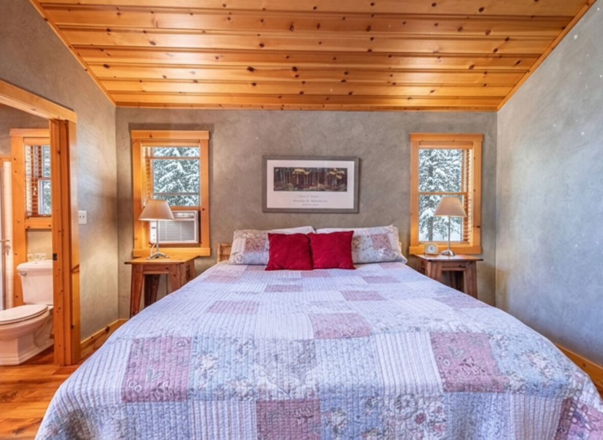 A bedroom with a large bed, wooden ceiling, two windows with view of trees, a framed picture on the wall, and a bedside table with a lamp.