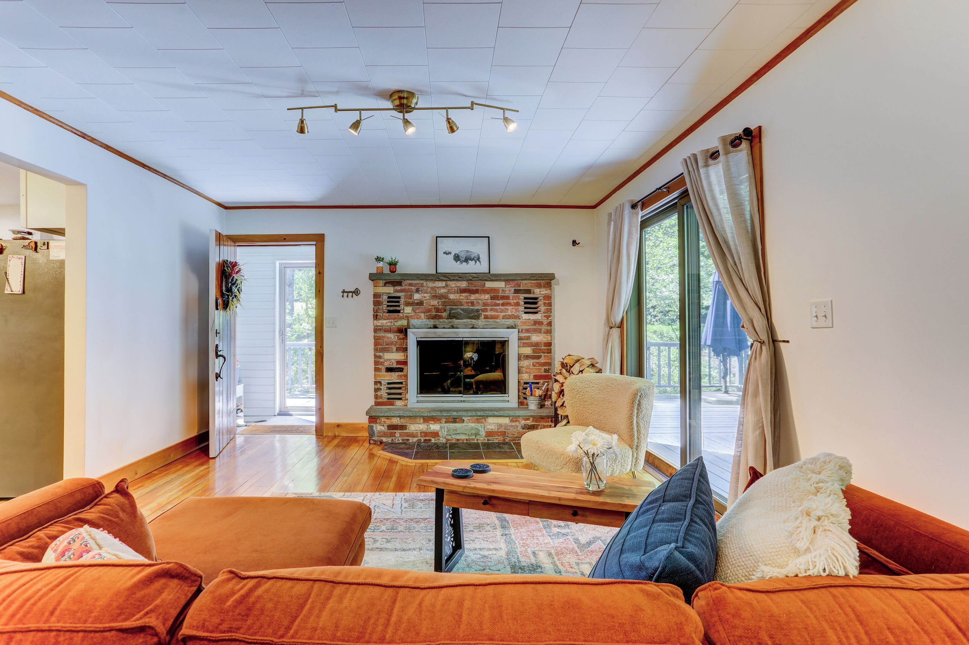 Smart TV, fireplace, books, music library