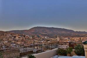 A cityscape with a prominent hill in the background, a densely packed urban area with traditional architecture, and a decorative fence in the foreground. - Dar Usham Fes (Fes)