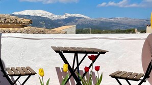 Une terrasse sur le toit, avec des tables et des chaises en bois, entourée de montagnes enneigées et surplombant un ciel bleu dégagé.