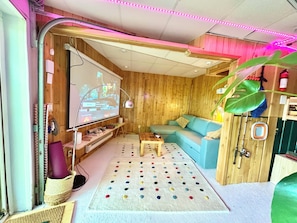 Smart TV, fireplace, video games, books