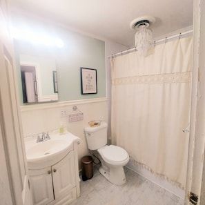 Hair dryer, towels, soap, toilet paper