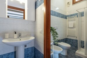 Shower, hair dryer, bidet, towels