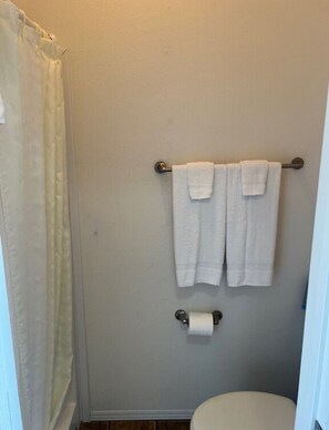 A bathroom with a shower curtain, two towels on a towel rack, and a toilet paper holder. - Rogue River Landing #31A (Gold Beach)