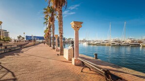 Un port de plaisance avec des bateaux amarrés, une promenade pavée, des palmiers et une statue.