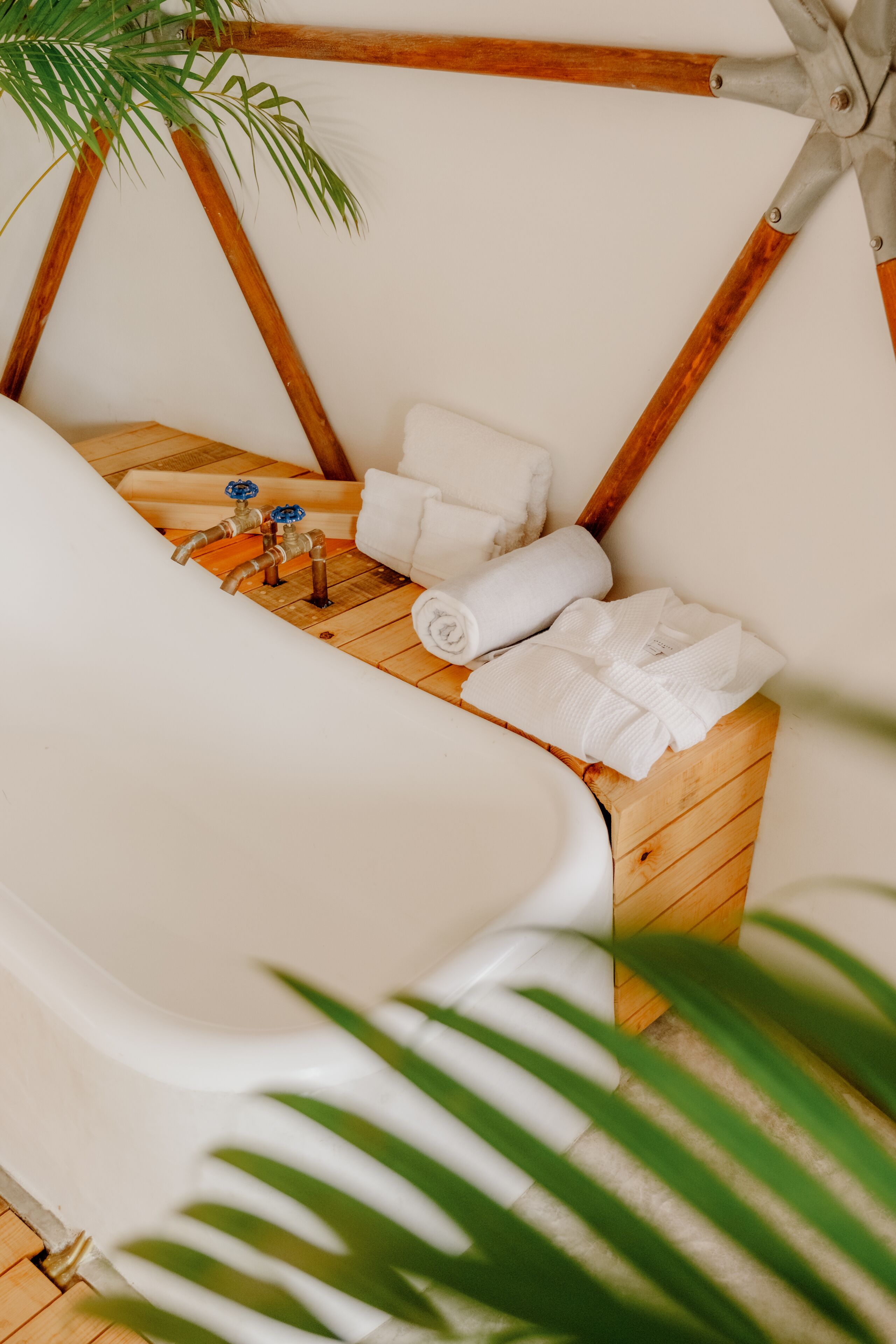 Une baignoire en bois avec un cadre en bois, des serviettes blanches et une plante.
