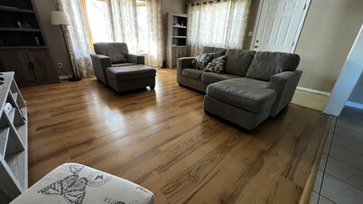 Quiet neighborhood, relaxing wrap around deck with fire pit. Short walk to town.