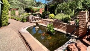 A garden with a pond, brick walls, and various plants.