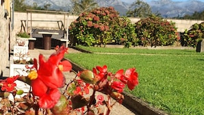 Um pátio com mesa e cadeiras, um jardim com flores vermelhas e vista para montanhas.