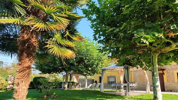 A garden area with a palm tree, a gazebo, and a stone building with outdoor seating. - Casa El Molín 3 Soto de Dueñas (Soto)