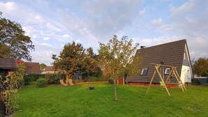 Un jardin à l’arrière d’une maison, avec une pelouse verdoyante, une balançoire et un petit arbre.