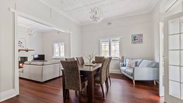 Smart TV, fireplace, books