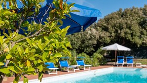 Ein Poolbereich mit Liegestühlen und Sonnenschirmen.